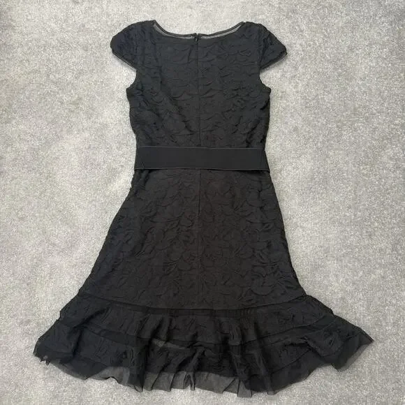 Joseph Ribkoff Dress Womens 8 Black Lace Fit Flare Belted Ruffle Hem Knee Length - Picture 9 of 11